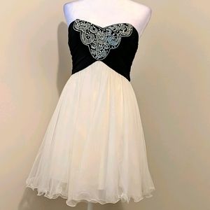 Strapless black and white cocktail dress